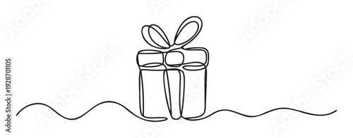 Elegant continuous line drawing of a gift box with a decorative ribbon bow, perfect for holiday greetings, celebration invitations, or special occasion marketing materials.