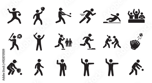 Baseball players demonstrating pitching, batting, running, fielding, with umpires signaling and fans cheering, perfect for sportsrelated graphics, web icons, and event marketing.
