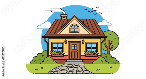 Cozy Cartoon House with Chimney and Porch.