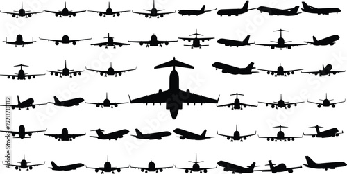 Airplane silhouettes collection set, commercial jet aircraft views, front side top perspectives, black vector illustration for aviation, travel, transport design use