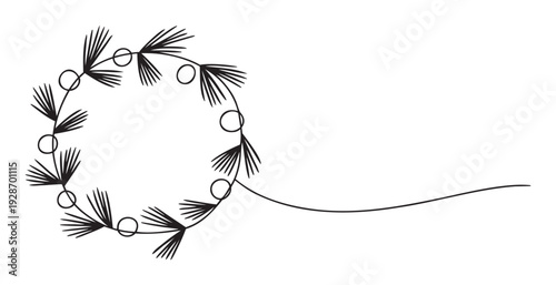 Elegant black line drawing featuring a decorative botanical circle with radiating fronds, useful for adding a touch of natural beauty to invitations, logos, or web graphics.