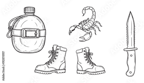 Collection of rugged desert exploration tools featuring a fearsome scorpion, durable combat boots, practical water bottle, and sharp blade, perfect for adventure and wilderness concepts.