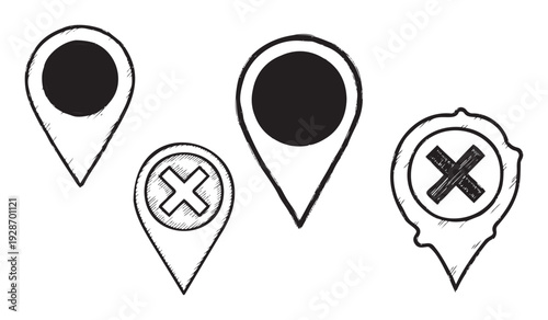 Hand drawn sketch style map location pointers featuring standard spot indicators and cancellation or removal signs ideal for navigation applications geographic information systems and