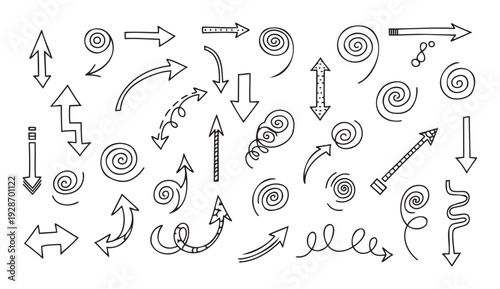 A versatile collection of hand drawn doodle arrows and spiral shapes offering various directional indicators and decorative elements for engaging graphic design projects and user interfaces