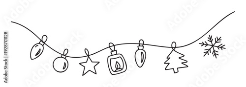 Hand drawn continuous line Christmas garland with holiday decorations like snowflake, star, tree, and ornaments perfect for festive event invitations or seasonal celebration visuals.