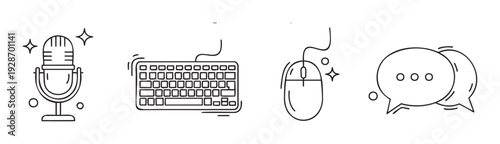 Collection of essential communication and digital productivity line icons including microphone, keyboard, mouse, and chat bubbles useful for technology related businesses and online