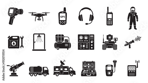 Essential safety and rescue equipment and professional personnel devices for emergency response and field operations suitable for various technical presentations