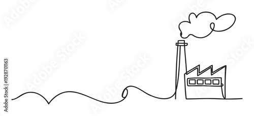 Minimalist single line graphic depicting an industrial factory building with a chimney and smoke, ideal for illustrating concepts of production, pollution, and economic development.