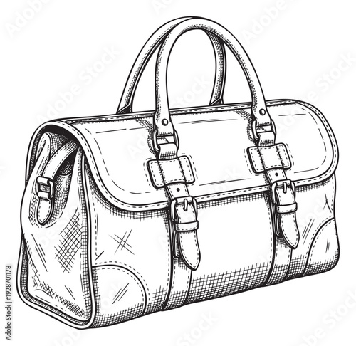 Elegant black and white line drawing depicting a classic travel duffel bag with sturdy handles and decorative buckle closures, perfect for vintage luggage, fashion accessory, or adventure