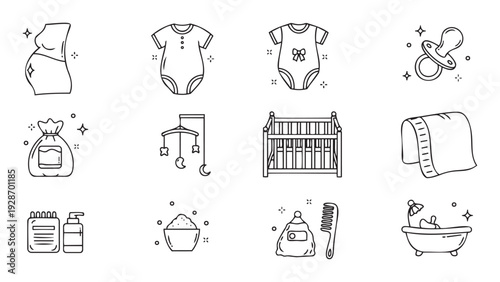 Pregnancy and newborn baby care essentials collection featuring line icons for expectant parents, infant supplies, and childcare services to illustrate health, growth, and joyful family