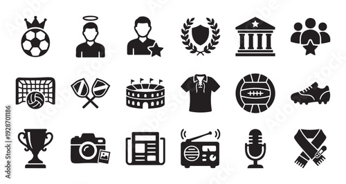 A comprehensive collection of sports and media related icons representing achievement, fan culture, and athletic events for use in modern digital applications and print materials