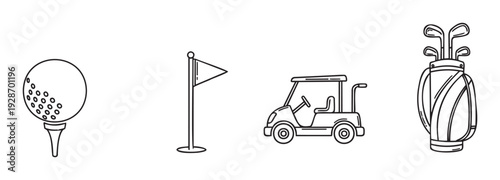 A collection of essential golf game icons including a dimpled ball on a tee, a course flag, a passenger golf cart, and a full bag of clubs, perfect for sports event applications.