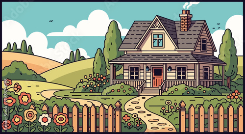 Cozy Cartoon House with Garden Fence.