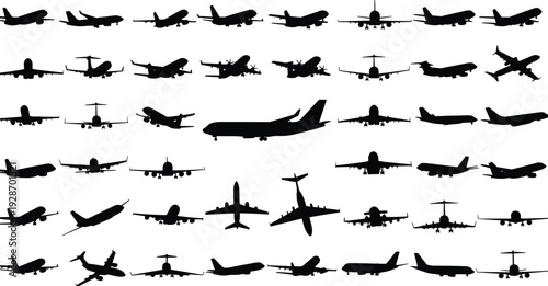 Airplane silhouettes vector collection showing passenger jets in multiple angles, commercial aviation aircraft icons for travel, airline, transport, and aerospace design