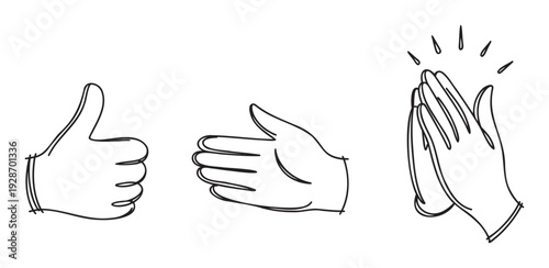 A set of continuous line drawing hand gestures showing approval with thumbs up, an open palm welcoming, and excited clapping, perfect for positive message communication.