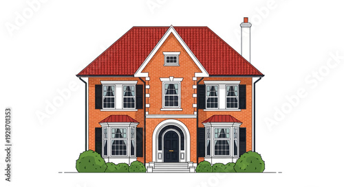 Orange House with Red Roof and Chimney.