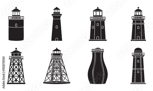 Diverse black lighthouse silhouettes provide essential graphic symbols for navigation, coastal themes, and various commercial maritime design projects and travel applications.