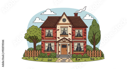 Red Brick House with Brown Roof.