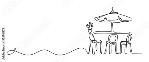 Smooth continuous line drawing depicting a charming outdoor dining area with a table, umbrella, and chairs, ideal for hospitality business promotions and event invitations.