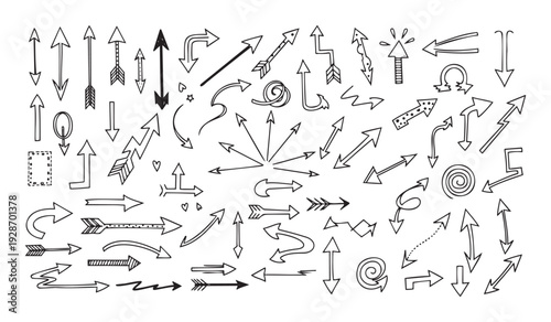 Diverse collection of handdrawn doodle arrows pointing in various directions, perfect for graphic indicators, navigation tools, user interface elements, and infographic components.