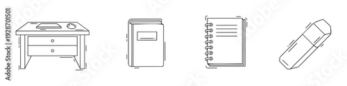 Comprehensive collection of educational and office supplies line icons including a desk with a laptop and mouse, a book, a notebook, and an eraser, perfect for learning, work, or school