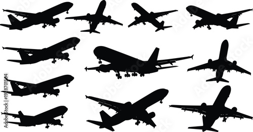 Airplane silhouettes vector collection, commercial jet aircraft flying and landing poses set, aviation travel transport illustration, modern passenger plane icons