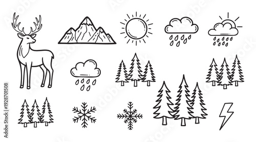 Outline icons depicting natural elements and weather phenomena like deer, mountains, sun, clouds, trees, snow, and lightning for diverse graphic projects and educational resources.