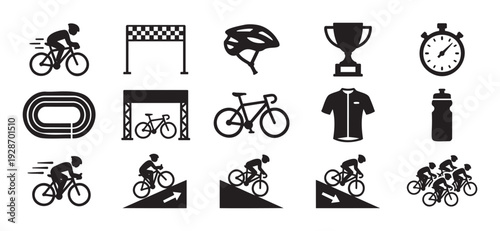 Comprehensive collection of cycling icons featuring racers, equipment, and race elements, perfect for sports event promotions, fitness app interfaces, or athletic training educational