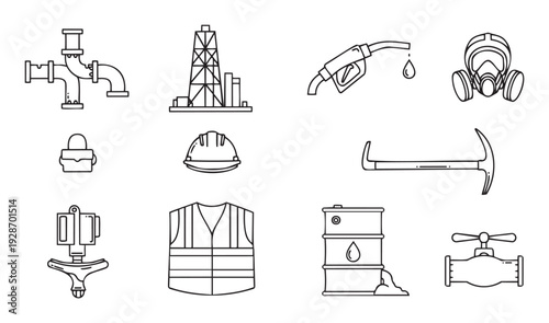 Vector line icons depicting essential oil and gas industry elements, including drilling rigs, pipelines, fuel pumps, safety equipment, and storage barrels, ideal for energy and industrial