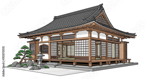 Traditional Japanese House with Tiled Roof 1.