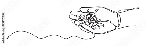 A minimalist continuous line drawing portraying a human hand gently cupped and holding small oval shapes, perfect for conveying concepts of care, sustenance, harvest, or offering in various
