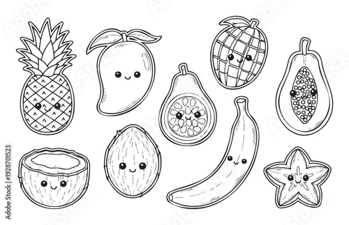 Adorable tropical fruits with smiling faces in a black outline drawing style, perfect for childrens books, school projects, summer event promotions, or playful product packaging.
