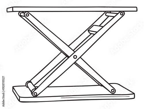 Scissor lift mechanism with an Xshaped frame providing adjustable height for various industrial applications, ergonomic desk solutions, or mechanical engineering projects requiring elevation