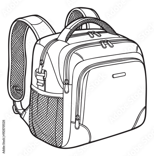 Detailed black and white line drawing of a modern backpack with multiple compartments and mesh pockets suitable for educational, travel, or fashionrelated design projects