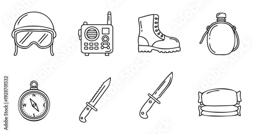 Essential military and outdoor survival gear including helmet, radio, boot, canteen, compass, and knives, ideal for educational resources and graphic elements
