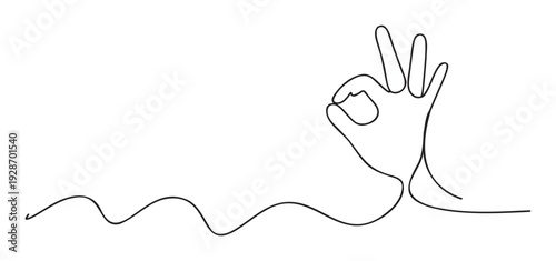 One line graphic of a hand showing an OK gesture, perfect for communicating success, approval, and satisfaction in corporate presentations, digital media, and promotional content.