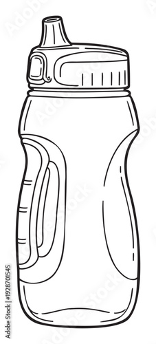 Commercial line drawing of a portable plastic water bottle with a sippy lid and ergonomic handle, perfect for health, fitness, travel, and childrens hydration product promotions.