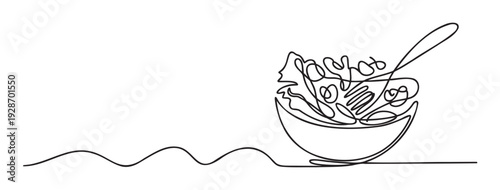 Minimalist continuous line drawing of a fresh green salad in a bowl with a fork, perfect for healthy food concepts and culinary website graphics