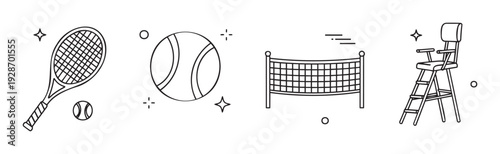 A versatile set of tennis sport outline icons showcasing essential equipment like a racket, ball, net, and umpire chair for athletic branding, club promotions, and event materials.