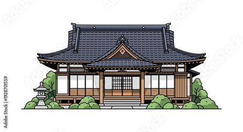 Traditional Japanese House with Tiled Roof.