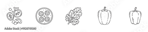 Collection of hand drawn outline food ingredients featuring fresh vegetables like tomatoes, bell peppers, cilantro, and pizza, perfect for cooking inspiration and healthy meal preparation