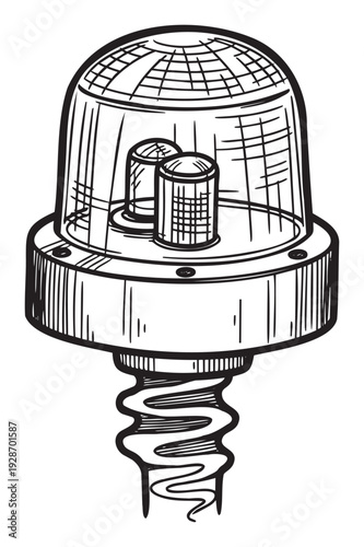 Black and white handdrawn sketch of a rotating beacon light with a gridded dome and internal bulbs, perfect for emergency vehicle safety or industrial warning signal graphics and