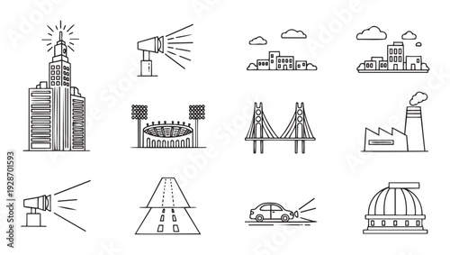 Collection of clean linear icons representing essential urban infrastructure and transportation elements like buildings, stadiums, bridges, factories, roads, and vehicles, perfect for map
