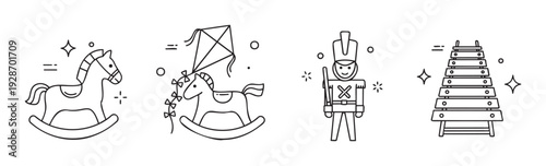 Collection of delightful childrens playtime line icons featuring a rocking horse, toy soldier, and xylophone, perfect for educational materials or playful childhood themed projects