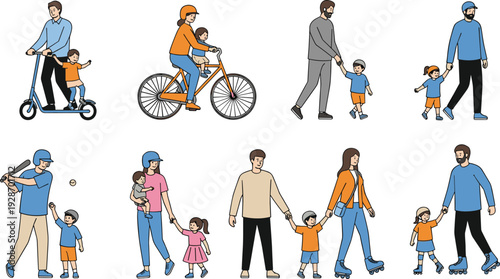 Family activity illustration showing adults and children enjoying outdoor sports and playtime together, promoting bonding, recreation, and healthy lifestyle through shared experiences.