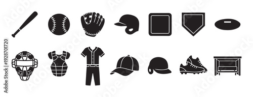 Collection of baseball equipment silhouettes, including bat, ball, glove, helmets, bases, uniform, catcher gear, and dugout, perfect for sports related graphic resources, web icons, and