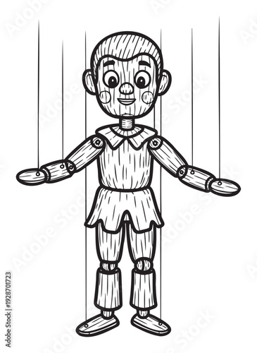 Wooden marionette puppet with strings depicting a classic character, ideal for use in educational resources, childrens media, and theatrical event promotions.