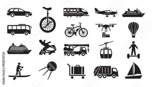 A comprehensive collection of diverse transportation methods and travel logistics vehicles for easy use in modern infographics and web applications