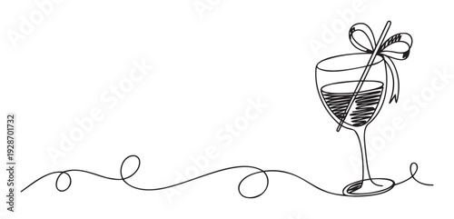 Elegant single line drawing of a festive wine glass with a bow and a fluid flowing line, suitable for celebration themes, drink promotions, or sophisticated graphic elements.