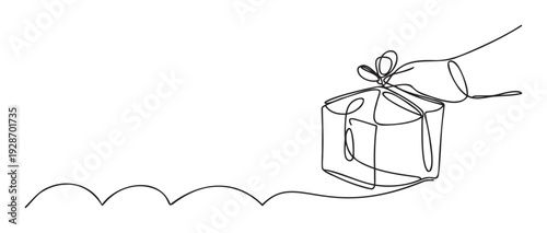 Minimalist continuous line art of a hand gently presenting a gift box tied with a decorative bow, ideal for conveying feelings of celebration, gratitude, and thoughtful giving in various